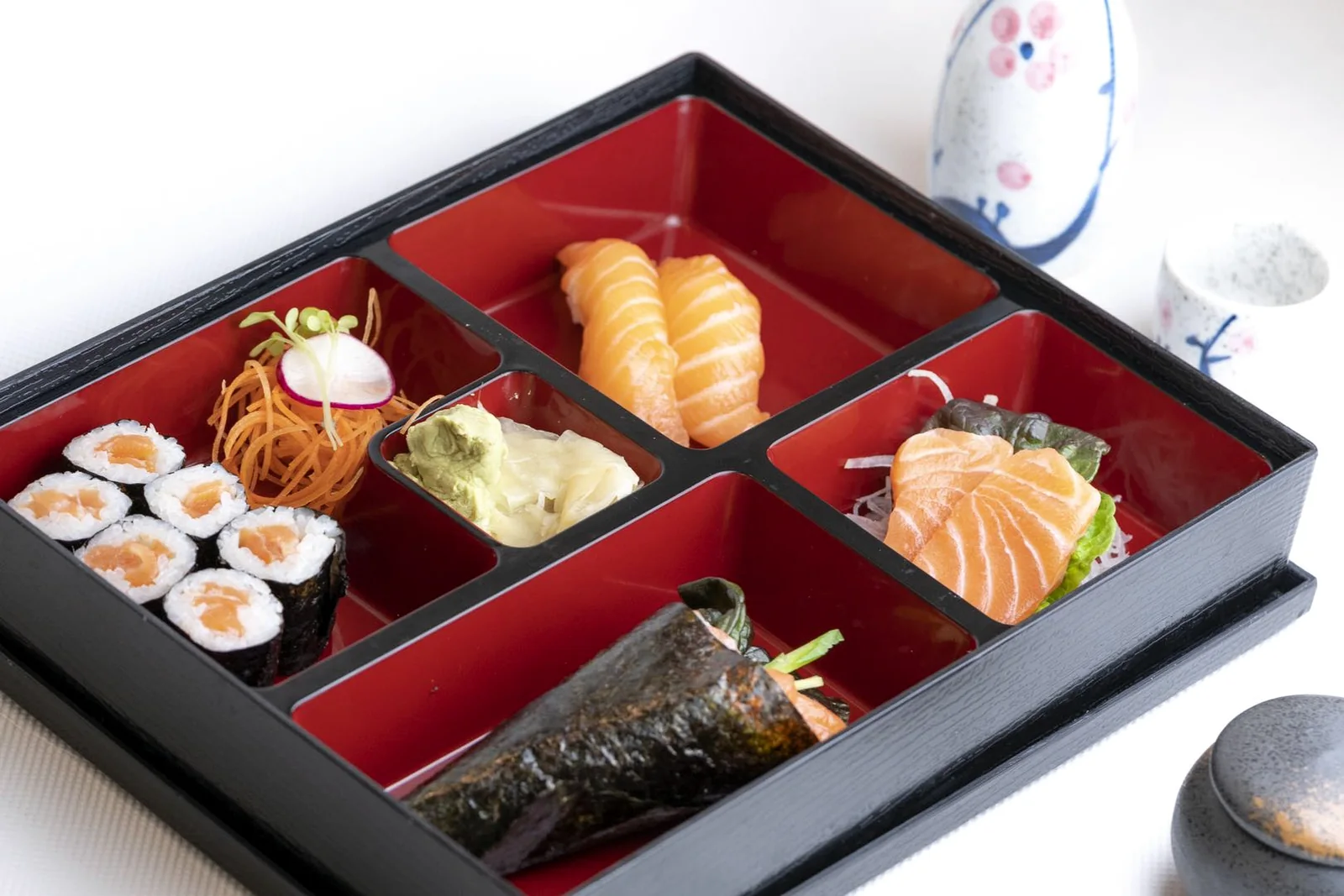 Salmon bento photographed for Hondo Sushi